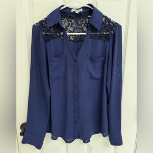 Express Slim Fit Blue Button Down Portofino Shirt Black Lace Insert Size Small